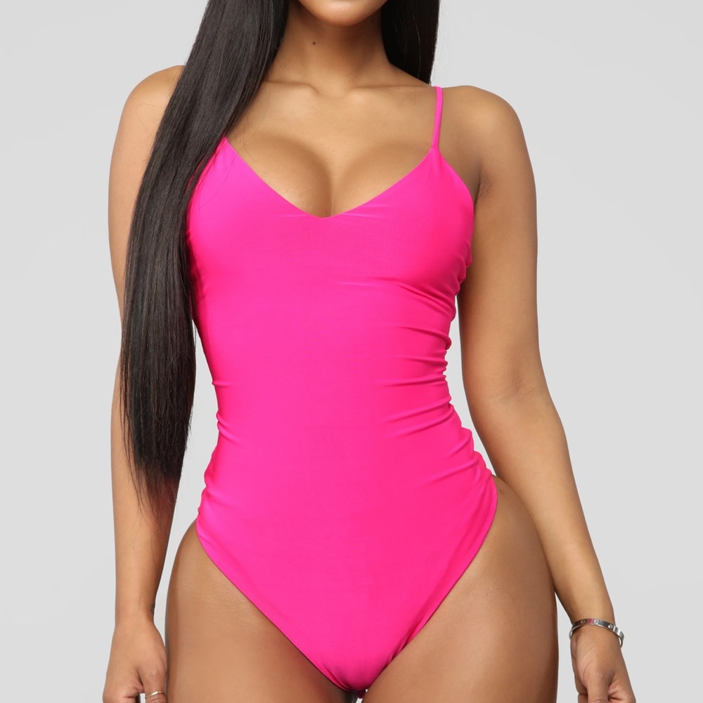 FASHION NOVA Neon Pink V-Neck Bodysuit With Adjustable Straps
